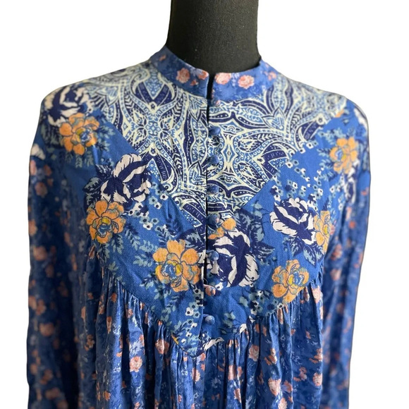 Free People XS Blue Floral Fields Hi Low Oversize Tunic Partial Button - Picture 2 of 9